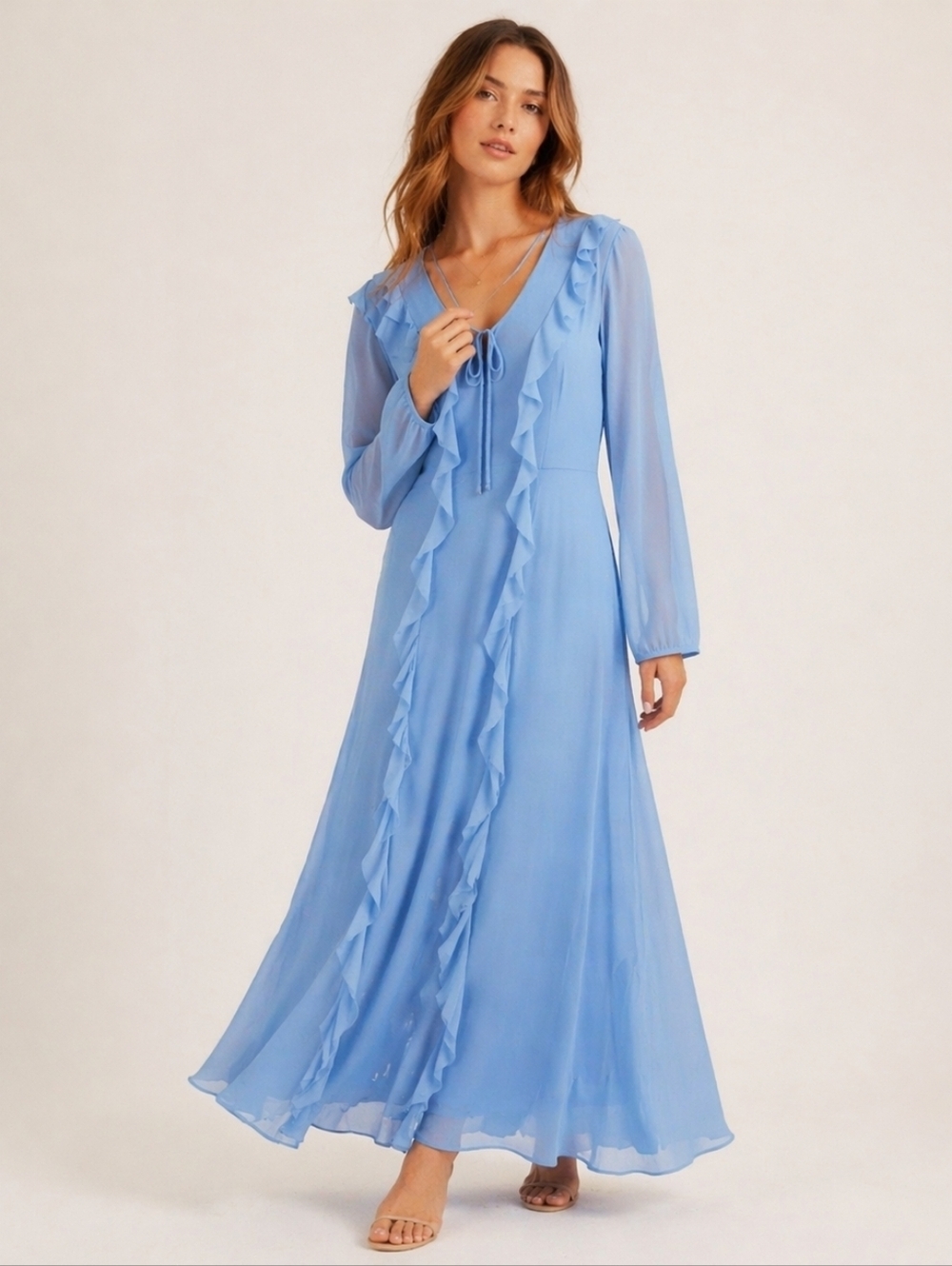Future Collective V-Neck Blue Ruffle Maxi Dress With Half Slip. Size Small